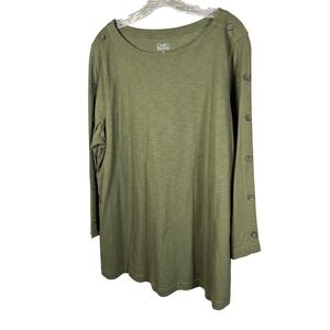 Croft & Barrow Womens Plus 1X Olive Green Slub Knit Button Sleeve Boat Neck Top
